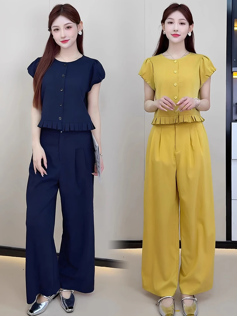 时尚套装女2025夏季新款洋气减龄显瘦荷叶边短袖衬衫高腰阔腿裤潮