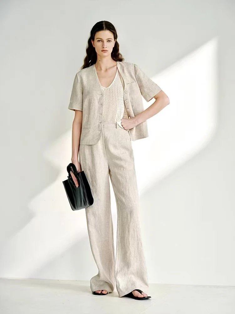 老钱风套装两件套高级感天然雨露麻干练短袖西服西裤套装SS251351