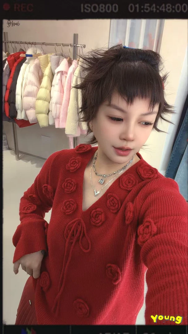 【济州岛】翻领镂空钩花针织羊毛衫百搭毛衣