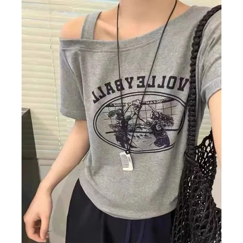 2025夏季韩版新款百搭休闲时尚印花短袖T恤女上衣斜肩小心机短款