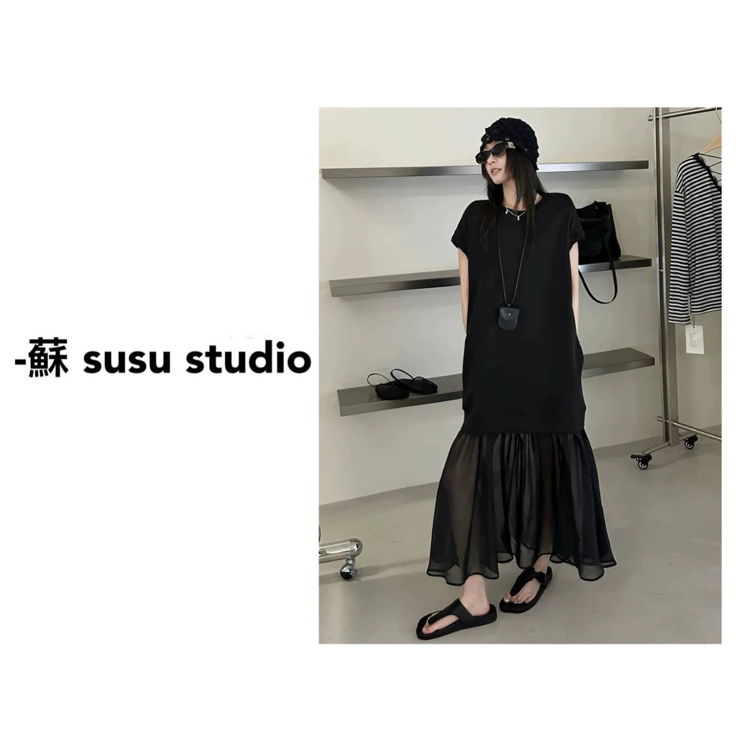 SU 短袖拼接女装设计感纯色中长款黑色时尚A字裙常规连衣裙H0172