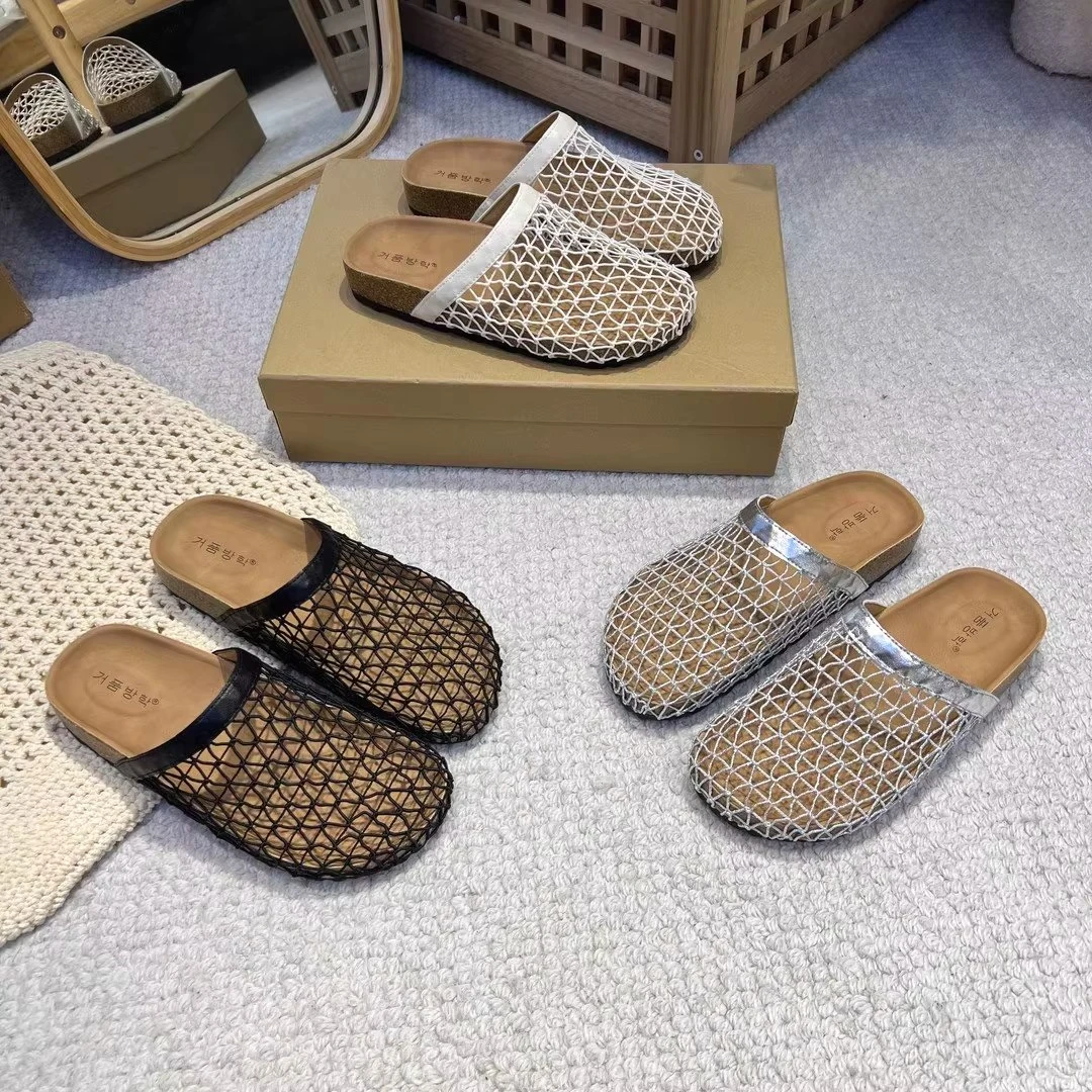 厚底勃肯鞋渔网包头半拖鞋女夏外穿2025新款一脚蹬网面镂空凉拖鞋