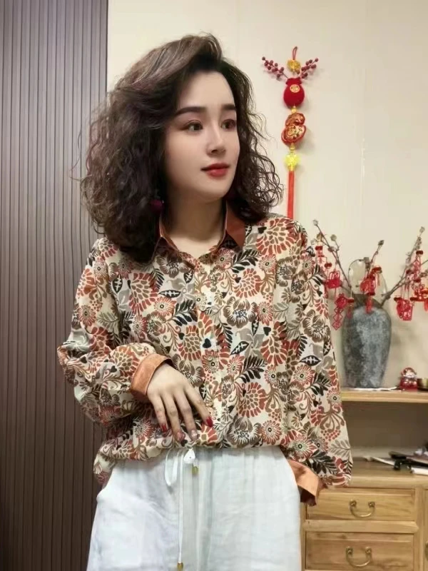 粉丝福利 复古时尚印花2025年衬衫宽松打底衫T恤长袖28026