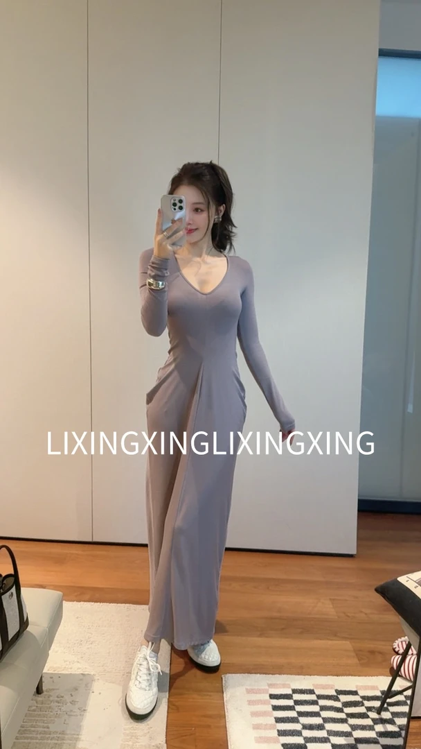 LXX【莱赛尔设计长裙】显瘦V领高腰连衣裙长袖气质时尚休闲打底显瘦