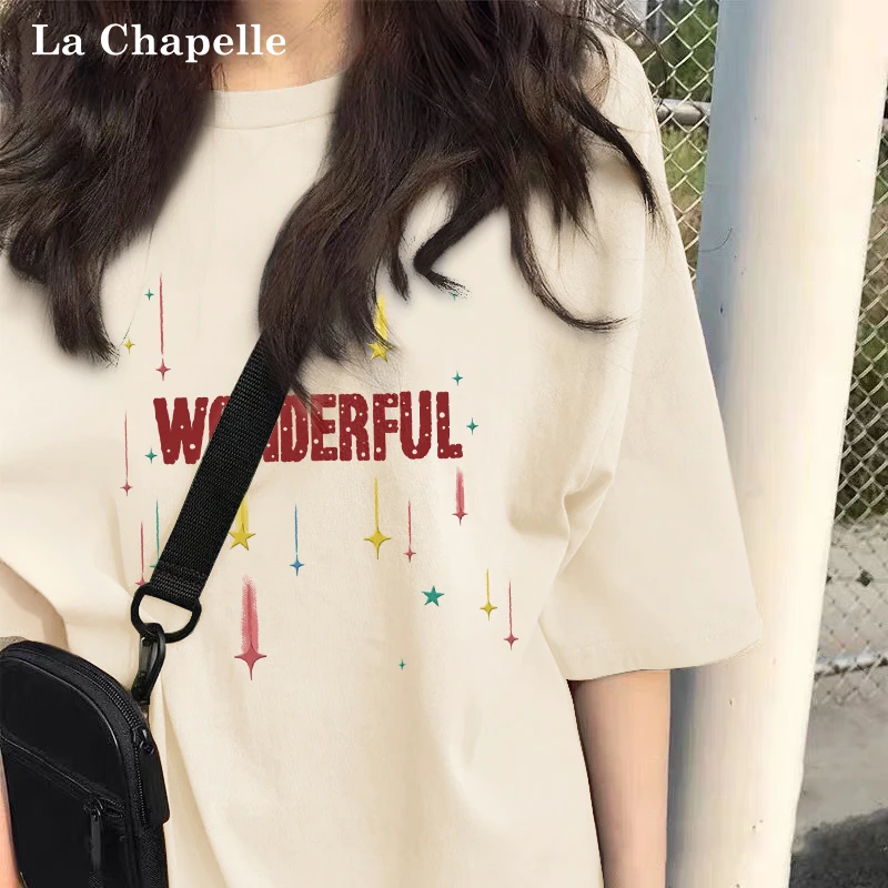 拉夏贝尔米色短袖t恤女纯棉2025新款夏季小众宽松显瘦韩系体恤衫X