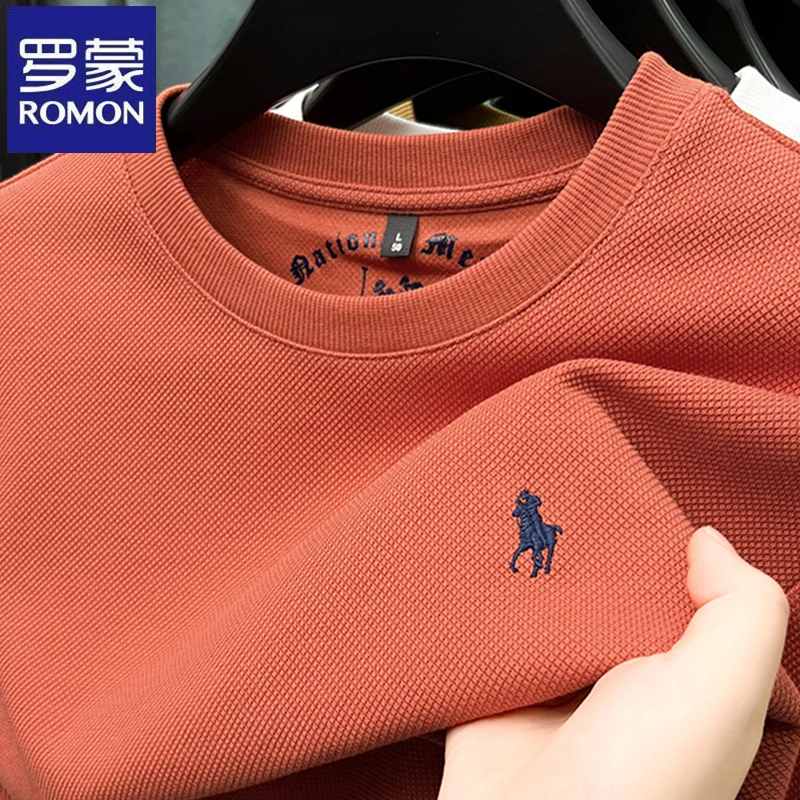 罗蒙圆领套头高密高支长袖卫衣春秋季宽松百搭纯色马标刺绣T恤衫