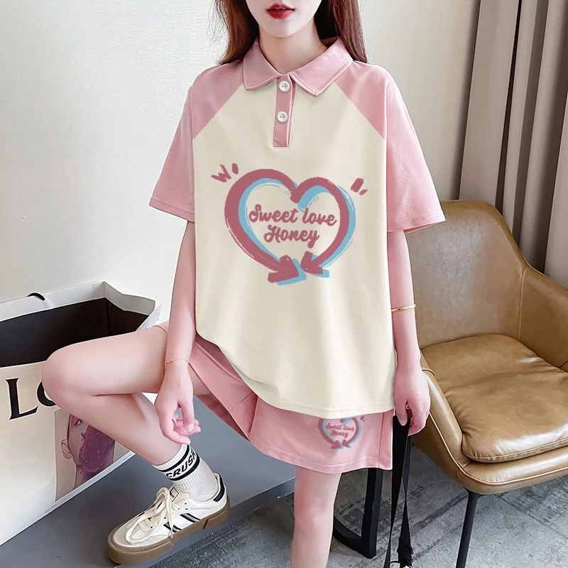 网红洋气休闲纯棉百搭大码运动套装女夏季新款韩版短袖短裤两件套
