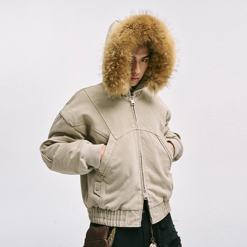 W270 座山雕棉服男冬季加绒加厚复古毛领连帽棉衣夹克外套