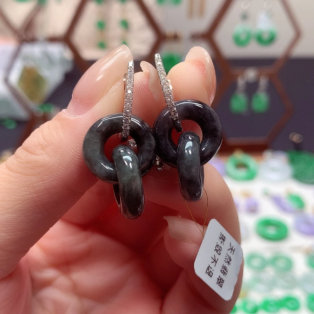 翡翠耳饰银S925镶嵌天然翡翠