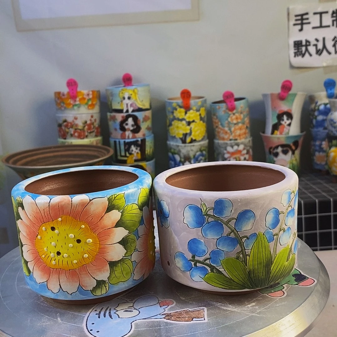 紫砂花盆红陶手绘花盆