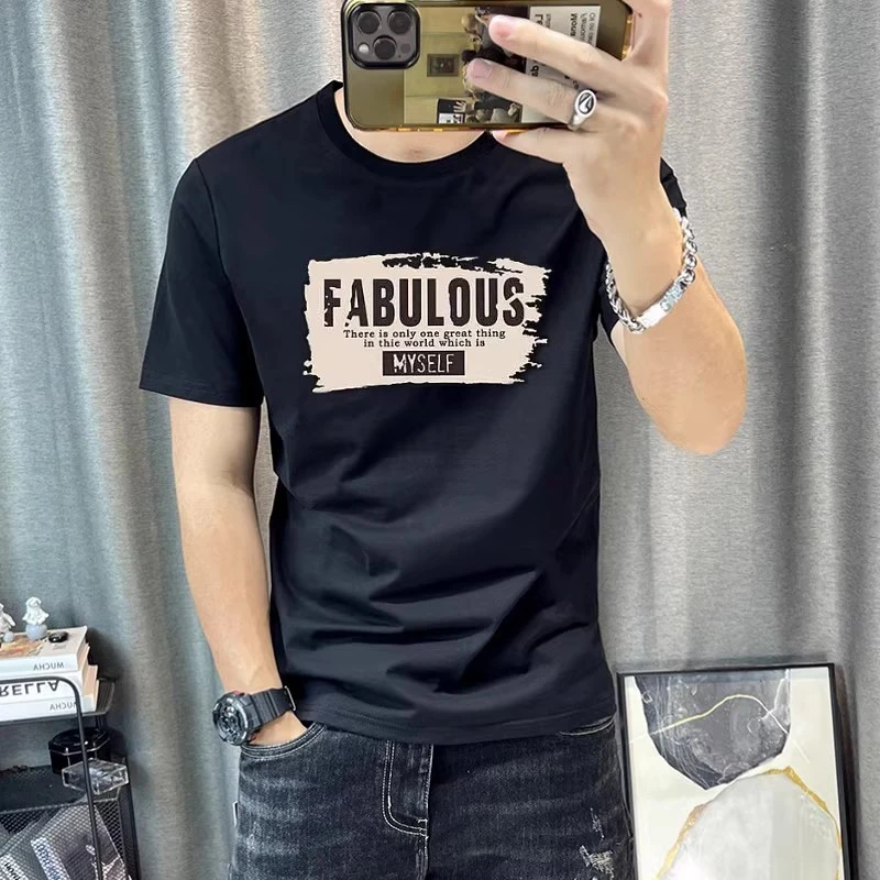 2025时尚涂鸦字母印花短袖t恤男青年韩版修身潮流丝光棉体恤衫男T