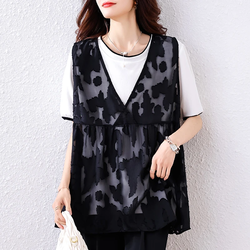 女装2025夏季新款大码女装洋气烧花两件套短袖t恤欧洲站时髦显瘦