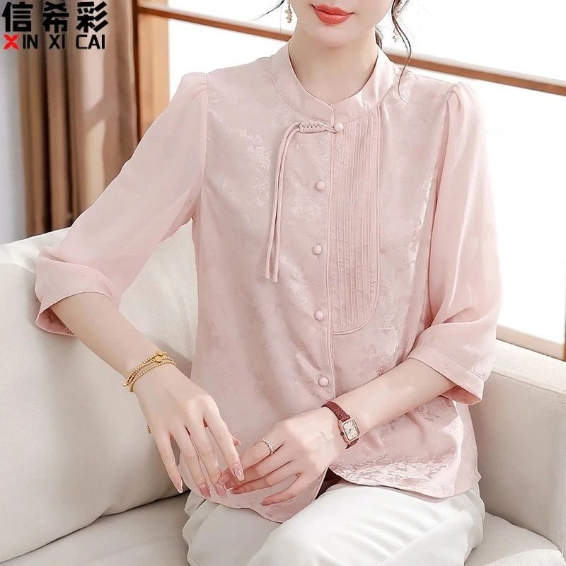 年轻妈妈夏装新款小衫中老年女气质上衣新中式雪纺T恤衬衫薄