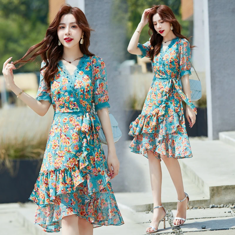 2025夏季新气质V领不规则裙摆收腰连衣裙广州十三行温婉大方衣服