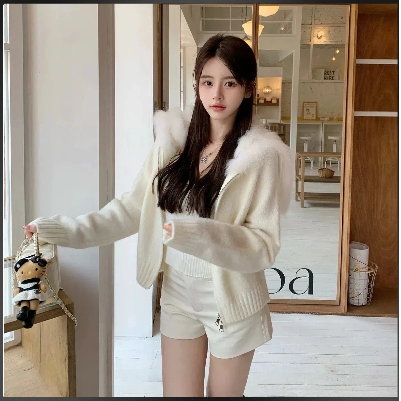 2025秋冬新款海军领针织毛衣拼接车条狐狸毛短款外套女