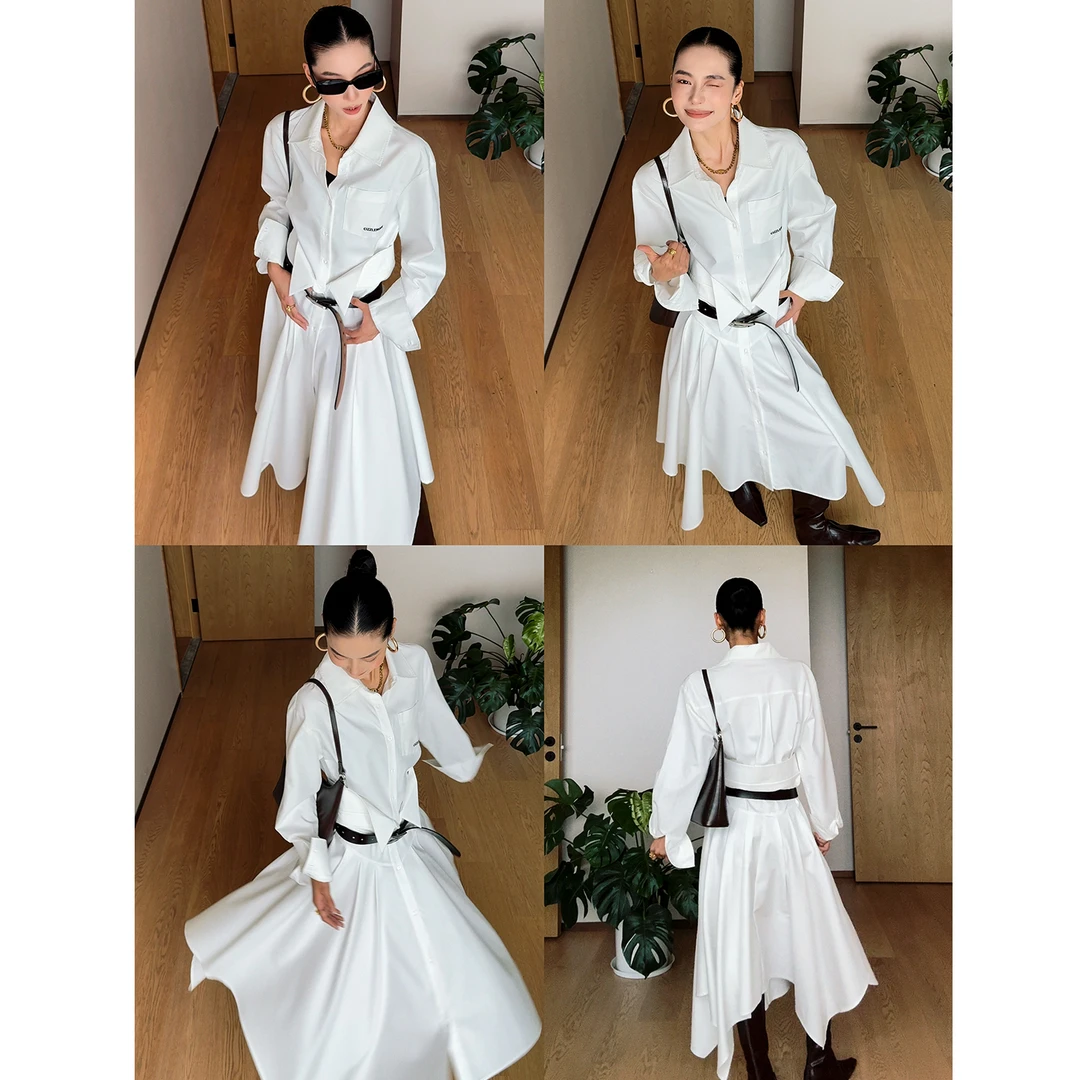 【南城旧事】法式休闲白色长袖衬衫连衣裙收腰不规则裙显瘦气质长裙