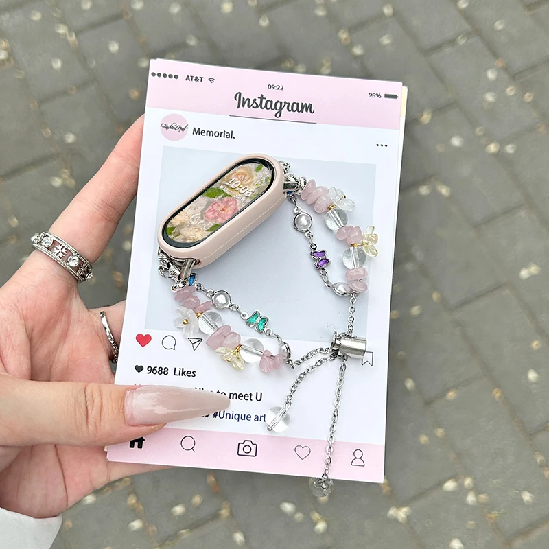 【透粉蝴蝶】适用于小米手环10表带米9新款串珠拉绳女夏季保护套壳