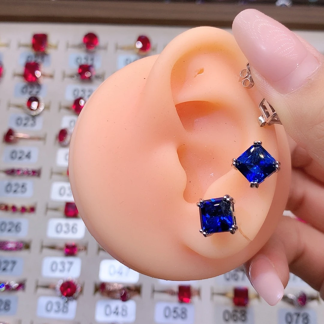 蓝宝石耳饰银S925镶嵌8方白金