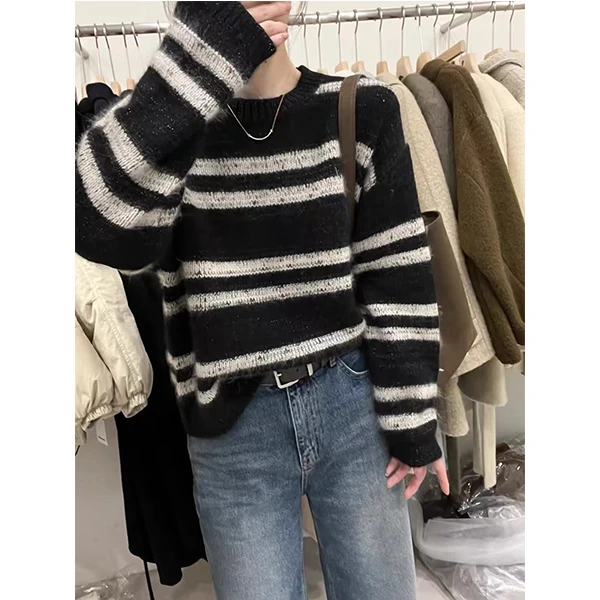【条纹亮丝闪闪】针织衫宽松显瘦休闲时尚百搭圆领套头秋冬