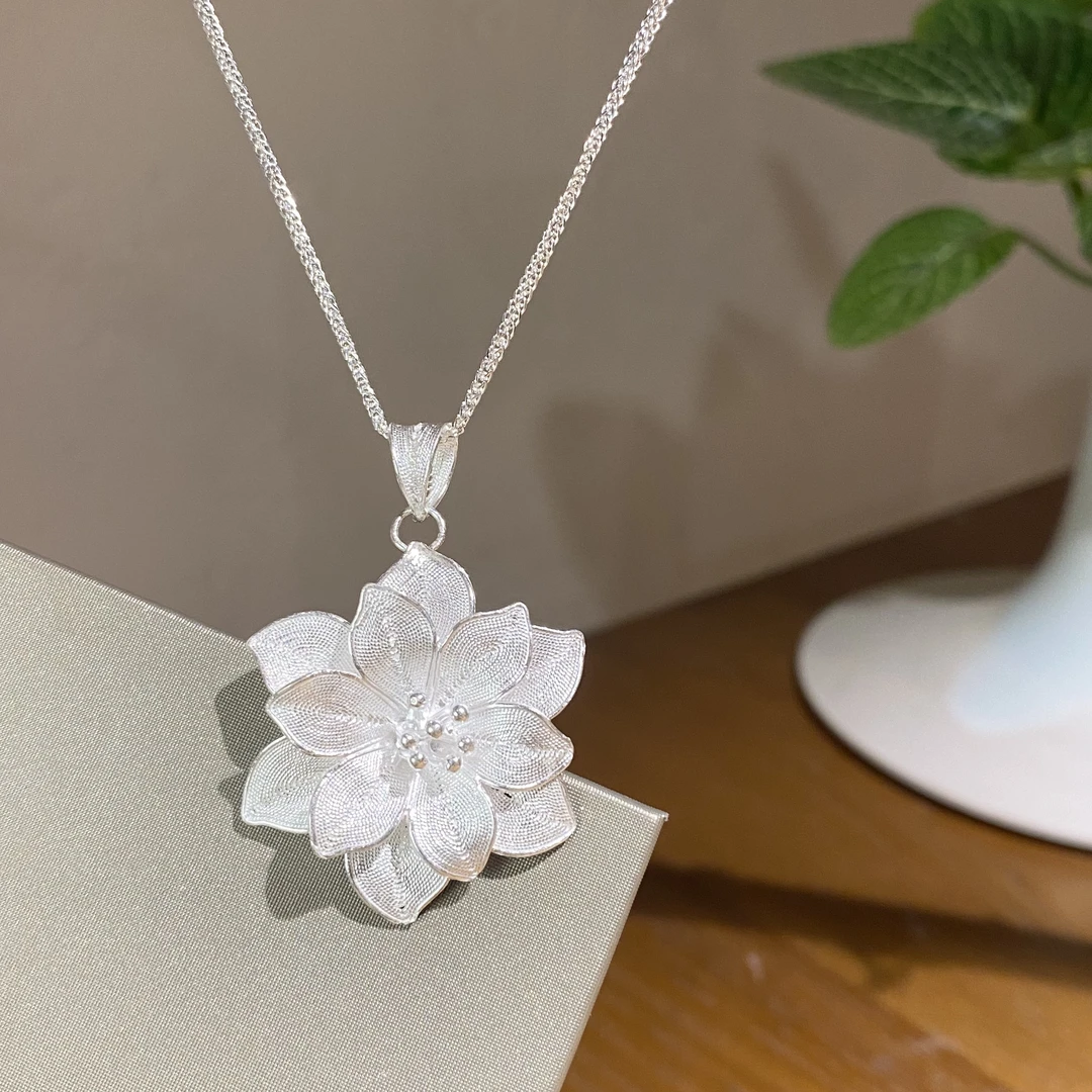 坠链均足银 大莲花花丝项链送妈妈足银百搭项链吊坠轻奢小众超仙
