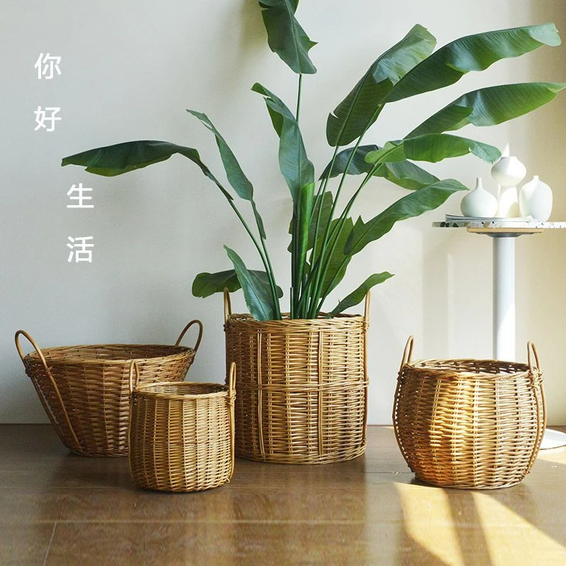家用室内大号手工藤条编织复古田园风格装饰摆件发财树绿植高级感