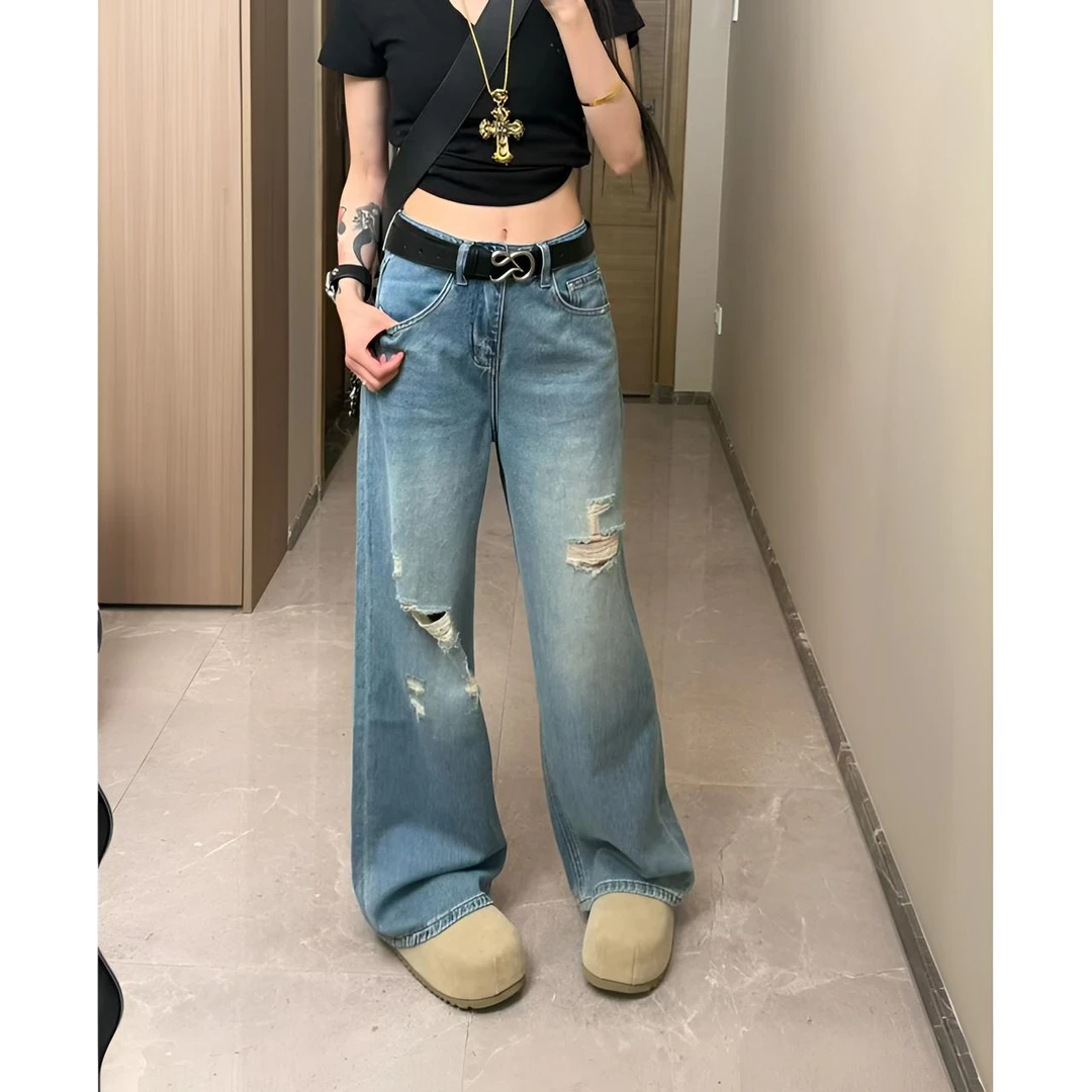 【夕凉】破洞水洗阔腿裤女夏款设计感直筒宽松显瘦小个子显高牛仔裤