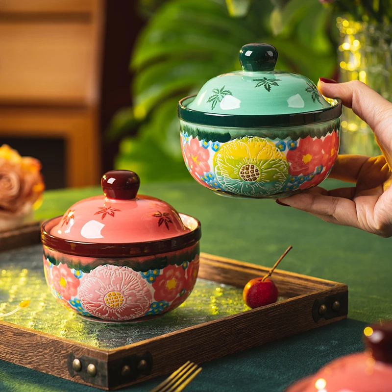 【索西家居】绿影黛粉炖盅家用瓦罐汤炖罐陶瓷带盖隔水炖罐一人份