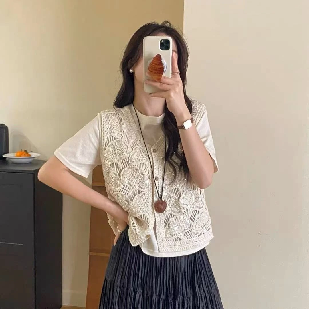 2025夏季法式重工镂空钩花亮片针织女内搭上衣+无袖披肩马夹KS025