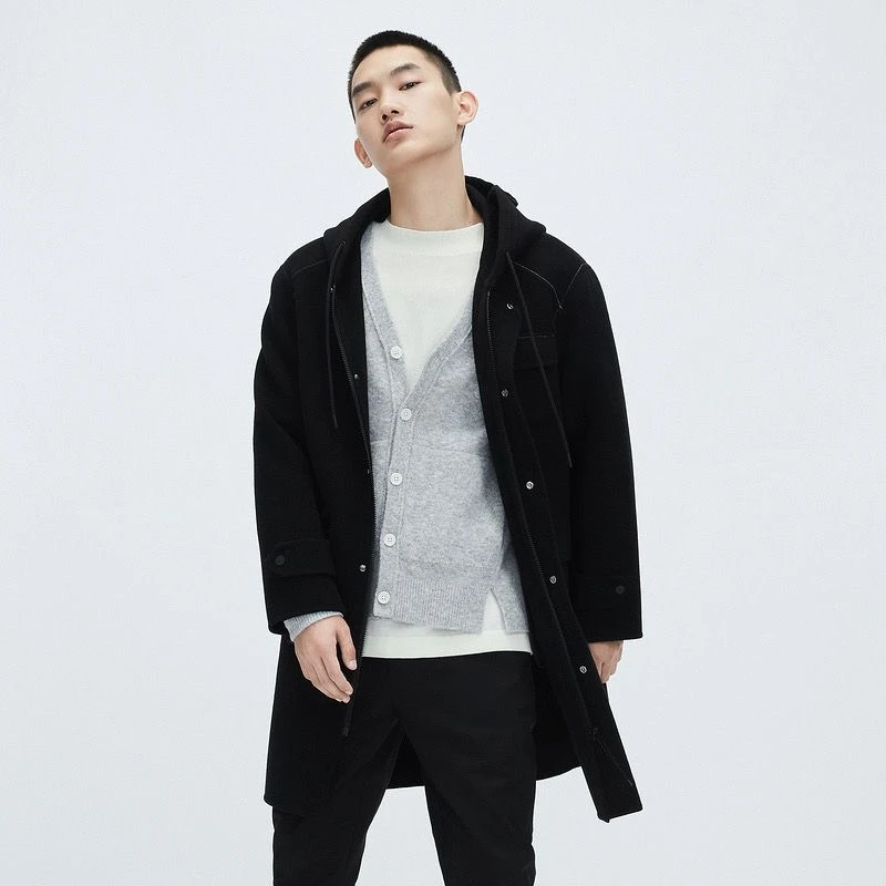 【断码促销】品牌冬季男装黑色保暖连帽长款羊毛大衣外套中长款秋冬