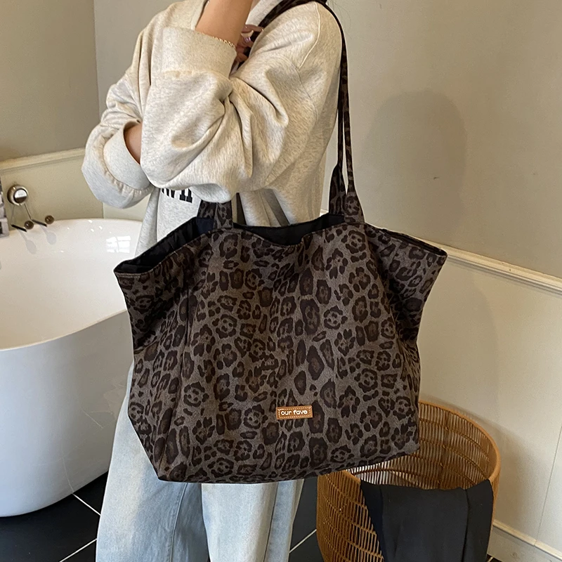 复古豹纹麂皮绒双面包小众高级感百搭托特包大容量通勤单肩包韩版