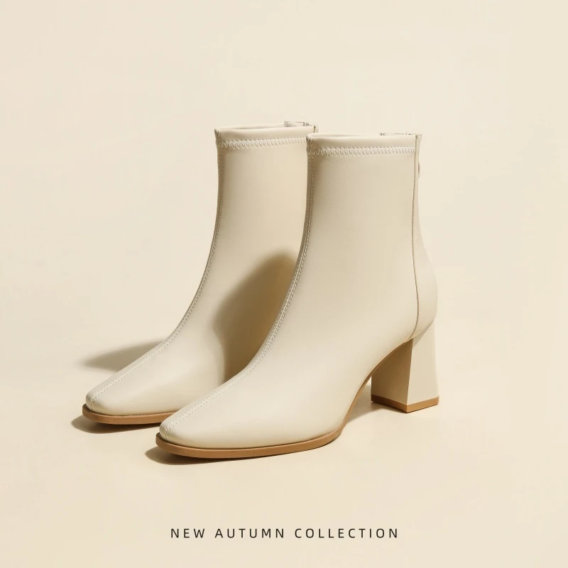 白色气质高跟方头粗跟短靴秋冬2025新款英伦风百搭瘦瘦靴马丁靴女
