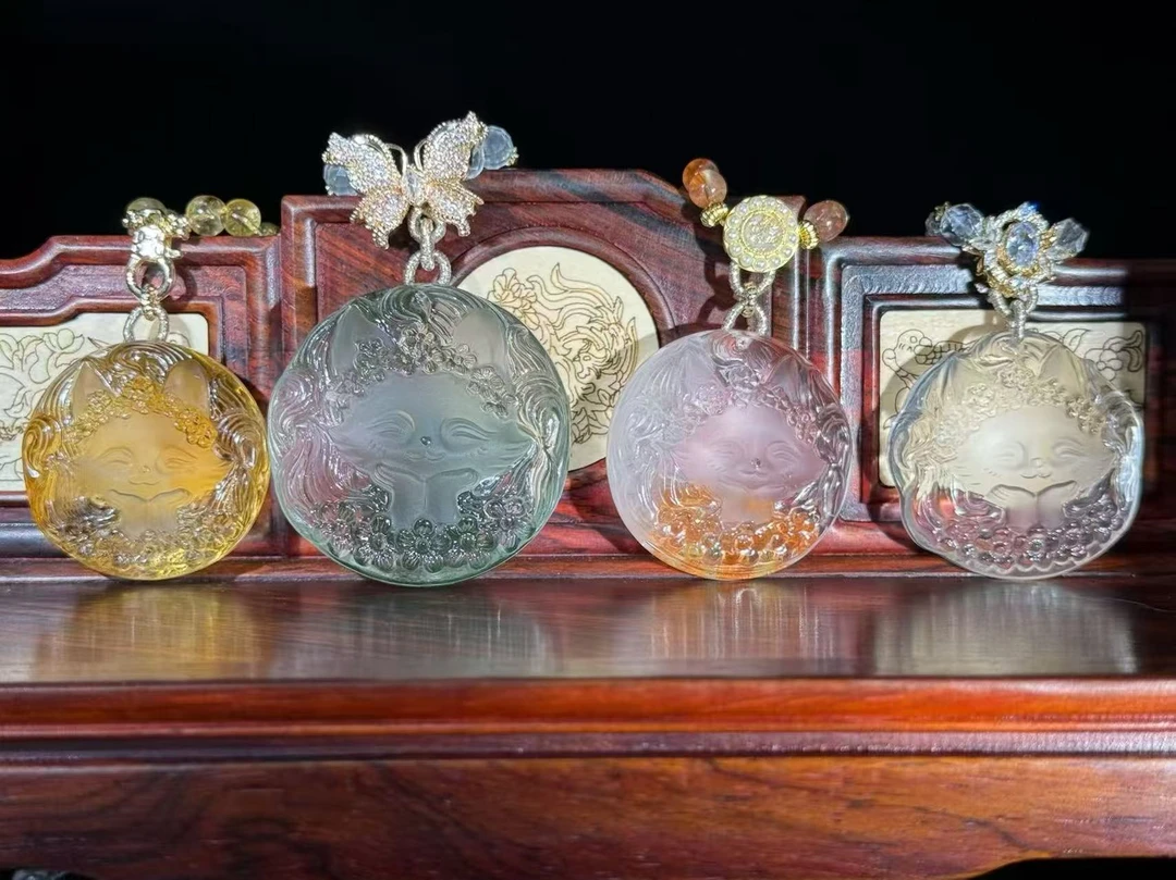 天然水晶九尾狐狸吊坠粉晶发晶金草莓钛晶兔毛超七绿幽灵胶花项链