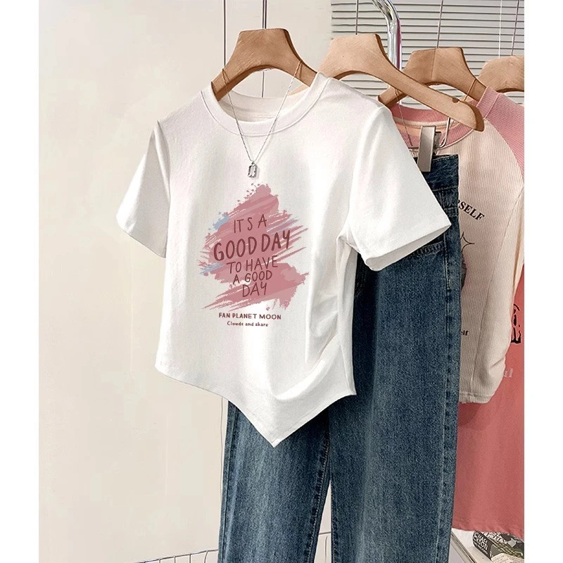 白色正肩短袖t恤女装夏季2025新款不规则收腰修身小个子短款上衣
