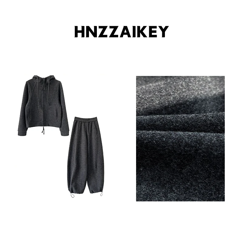 HNZZAIKEY 羊毛加绒连帽卫衣可调节束脚长裤运动套装U25T101201