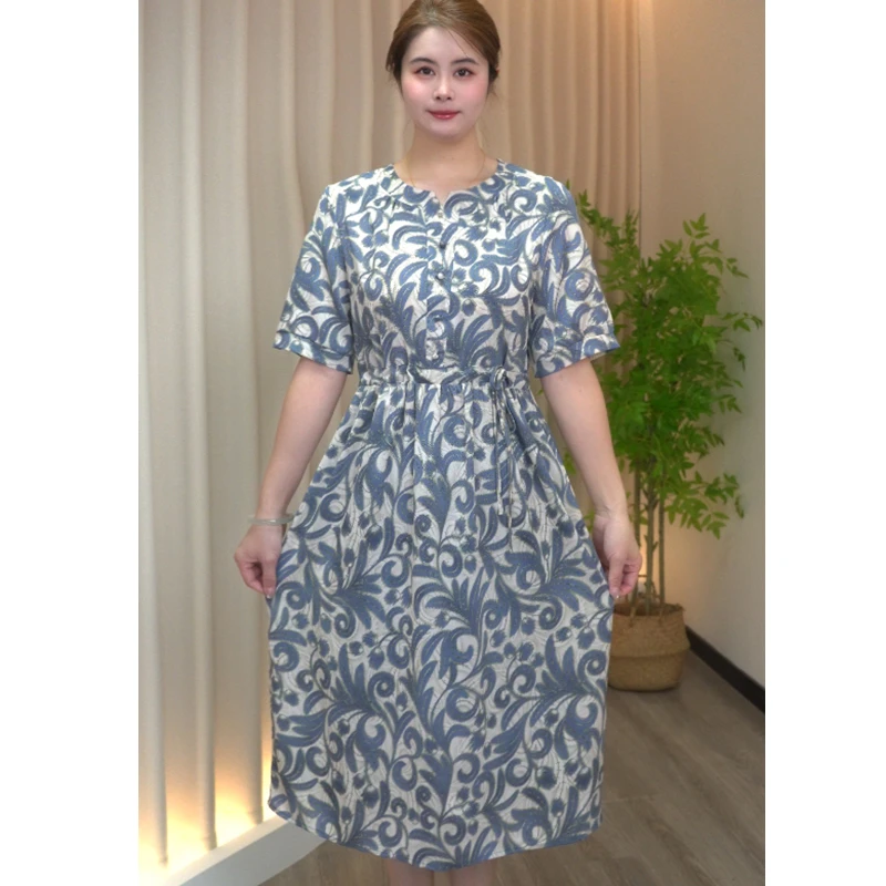 X连衣裙女中袖v领透气夏季中腰显瘦气质长裙时尚洋气蓝色连衣裙