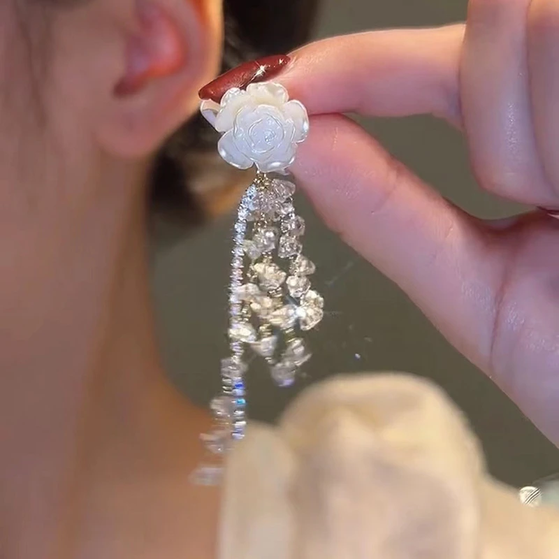 足银玻璃耳饰 山茶花流苏耳环法式气质网红碎水晶流苏银针耳钉