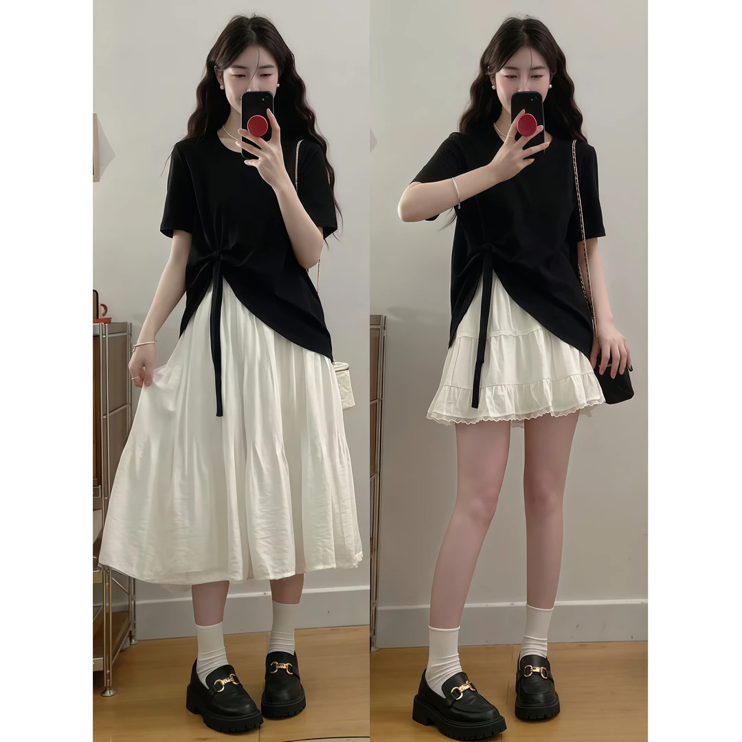 大码女装夏季新款胖mm新款花边蛋糕裙+蝴蝶结宽松T恤洋气减龄套装