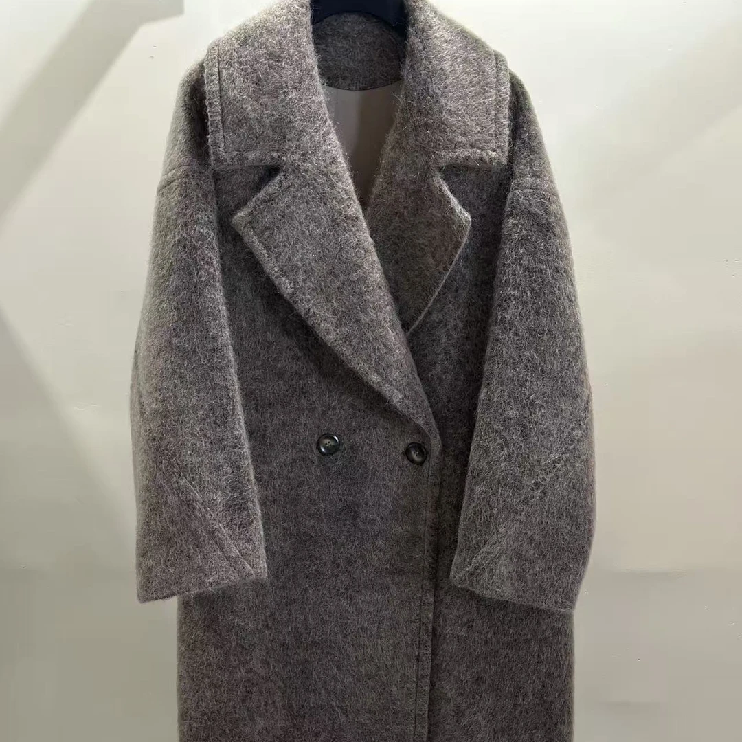 【ANNG】111501 25秋冬极简静奢雾灰软呢双排扣长款大衣