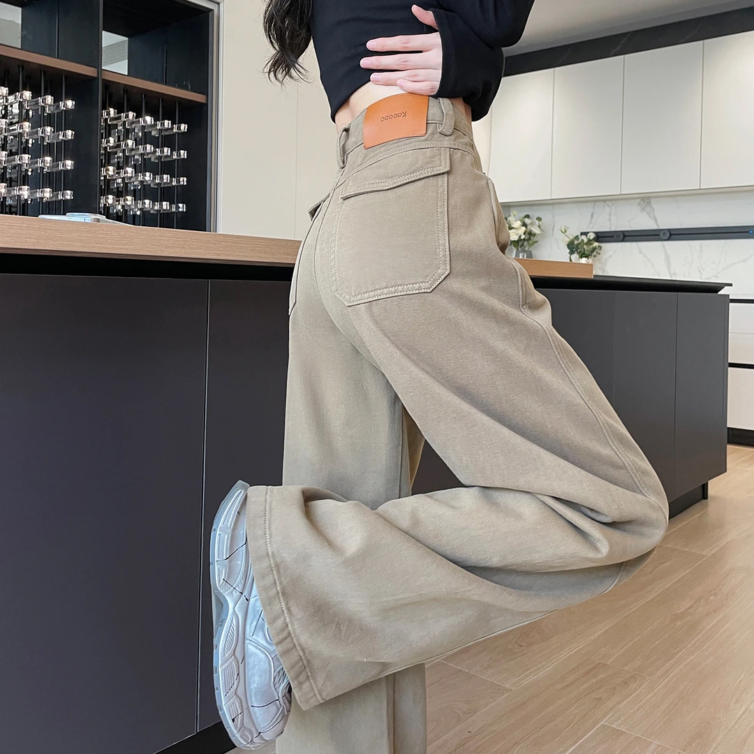 梦冷卡其色弯刀牛仔裤女2025秋季新款窄版休闲工装裤直筒阔腿长裤