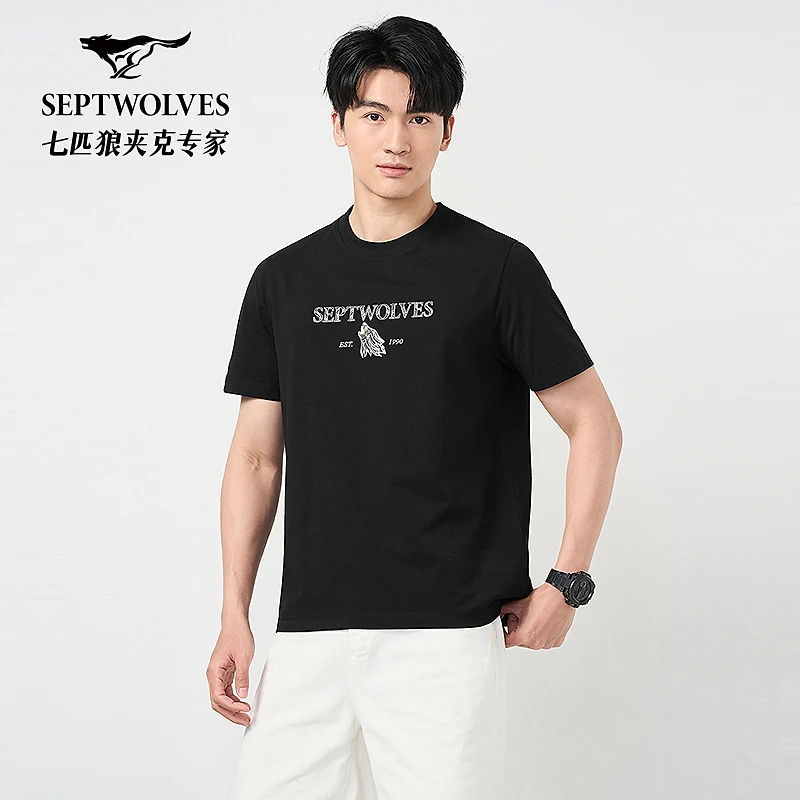 七匹狼狼元素烫印短袖圆领T恤1D1F30602533