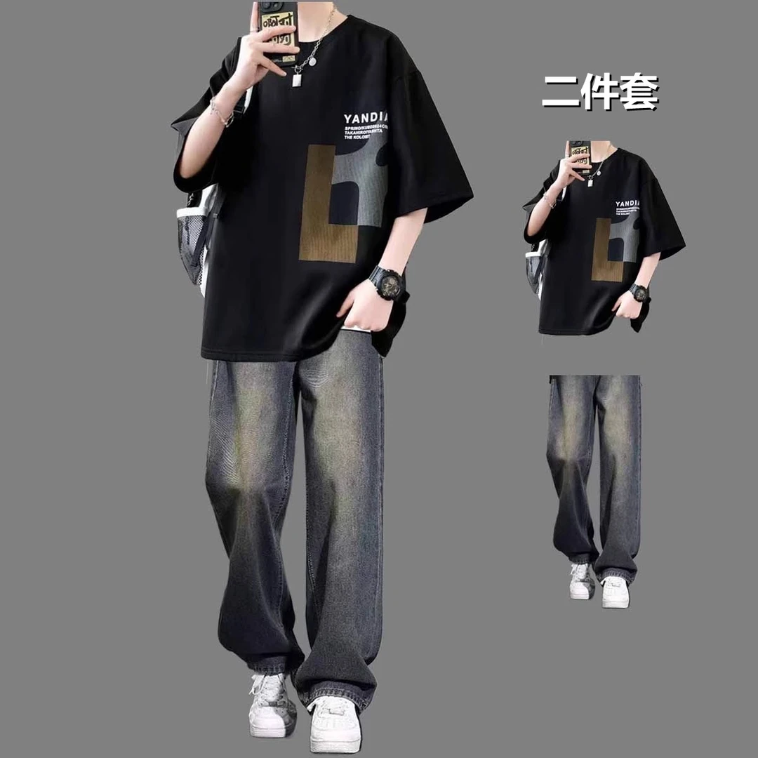 青少年美式短袖t恤套装男夏季潮流宽松痞帅体恤搭配牛仔裤两件套