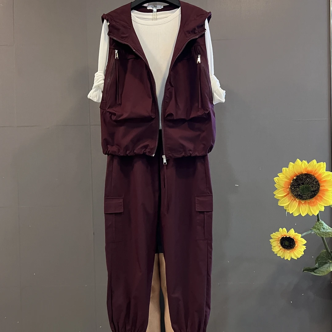 新款大码时尚休闲连帽马夹坎肩搭配工装裤显瘦两件套