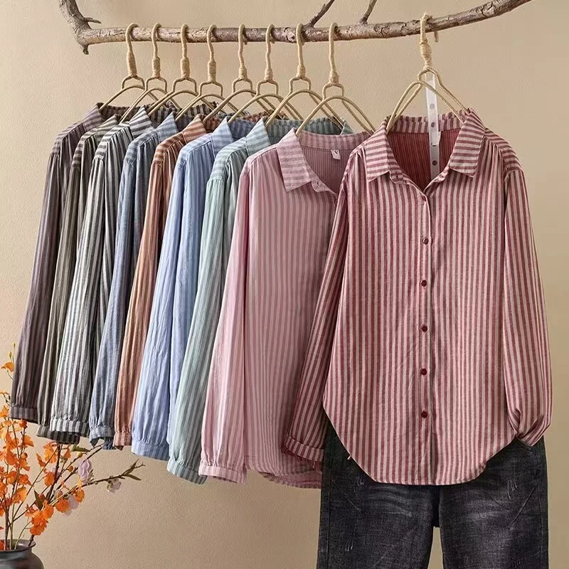 新款双色条纹拼色长袖衬衫休闲简约百搭婴儿棉双层纱上衣女5175