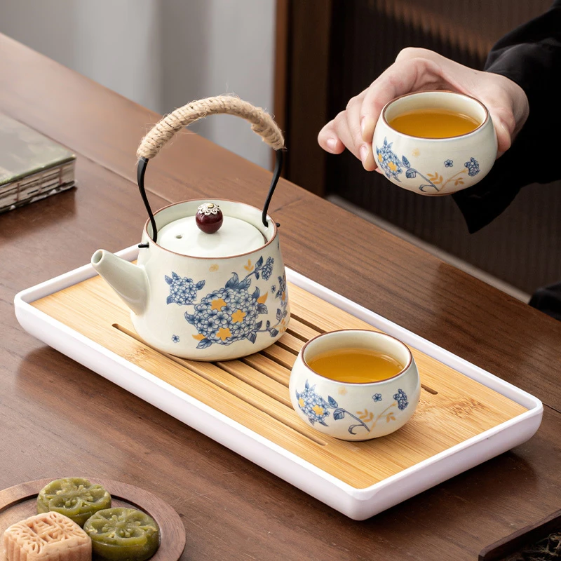 2-4人喝茶黄汝窑提梁壶茶杯茶盘家用待客漂亮茶具茶盘小套装居家