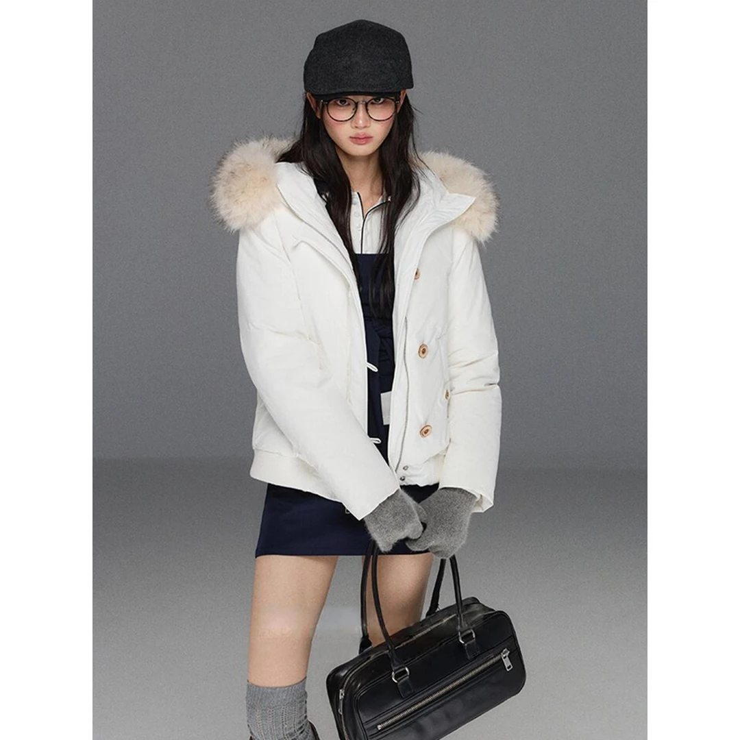 VOCKOO官方白色大毛领90白鸭羽绒服女冬季2025加厚短款面包服小个