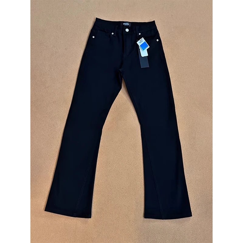 黑色弯刀牛仔裤男款春秋季直筒修身显瘦长裤子美式高街提档微喇裤