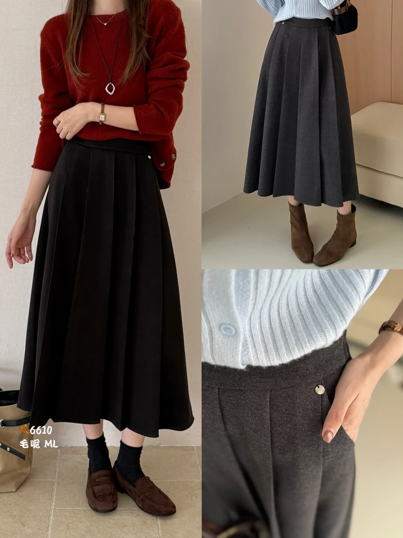 G600半身裙裙子秋冬季A字伞裙中长款百褶裙