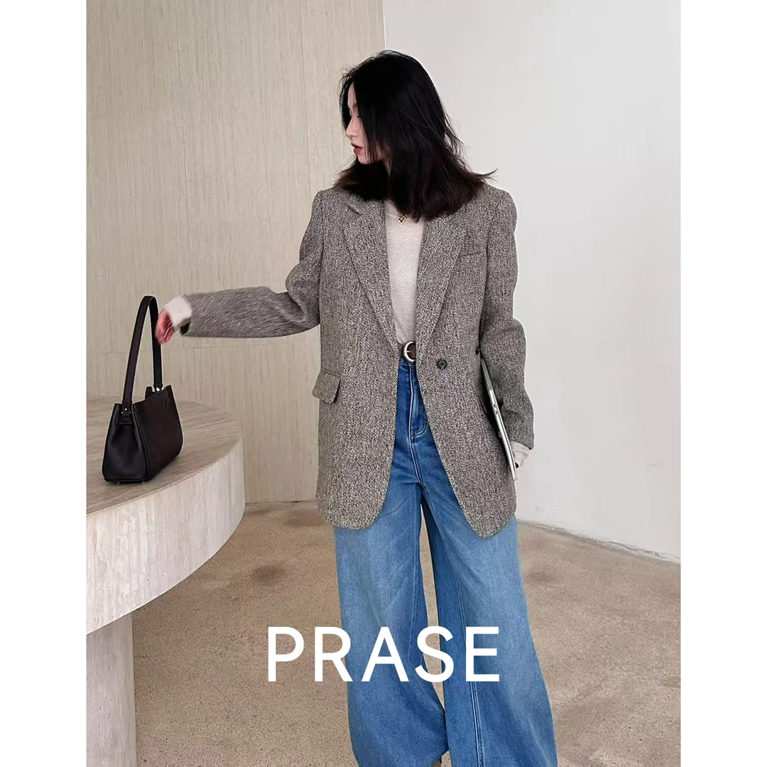 PRASE·噜【都市绿洲】羊驼毛绵羊毛气质休闲西装毛呢外套女PR510B37