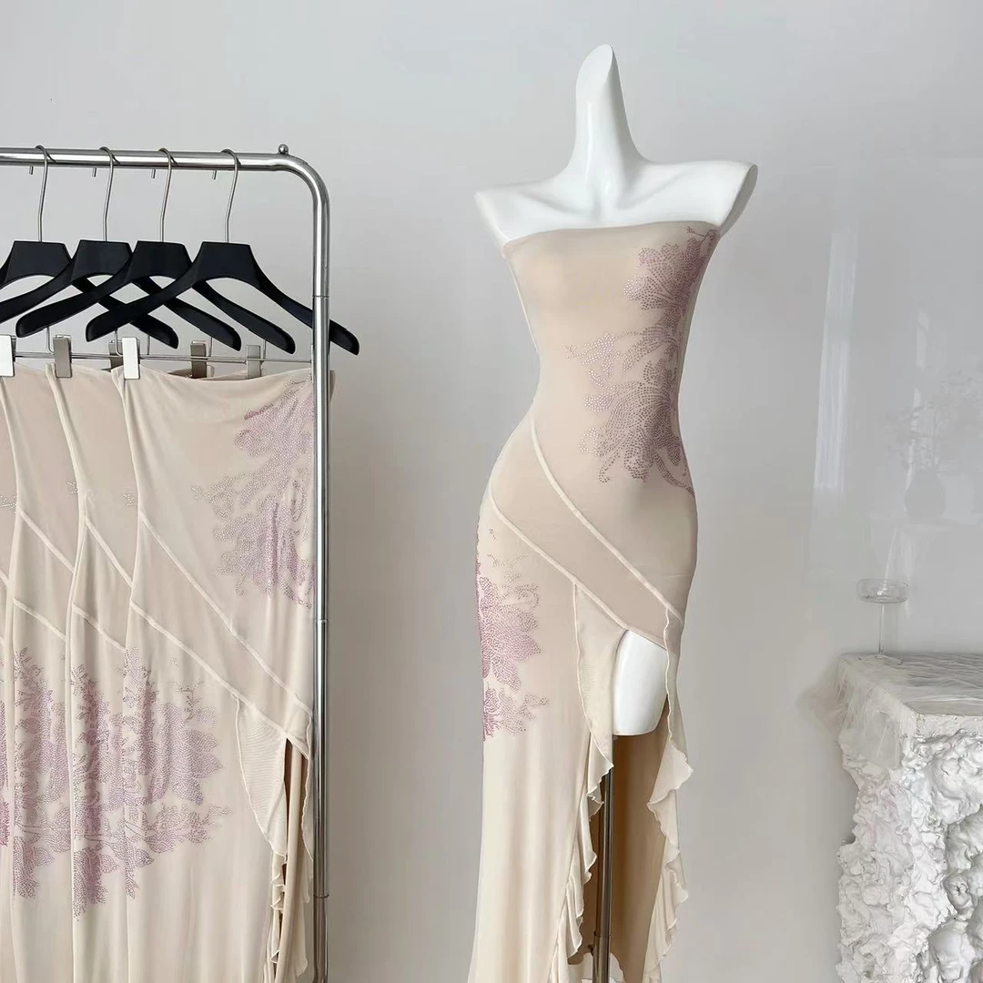 烫钻抹胸连衣裙女夏设计感气质开叉包臀长裙