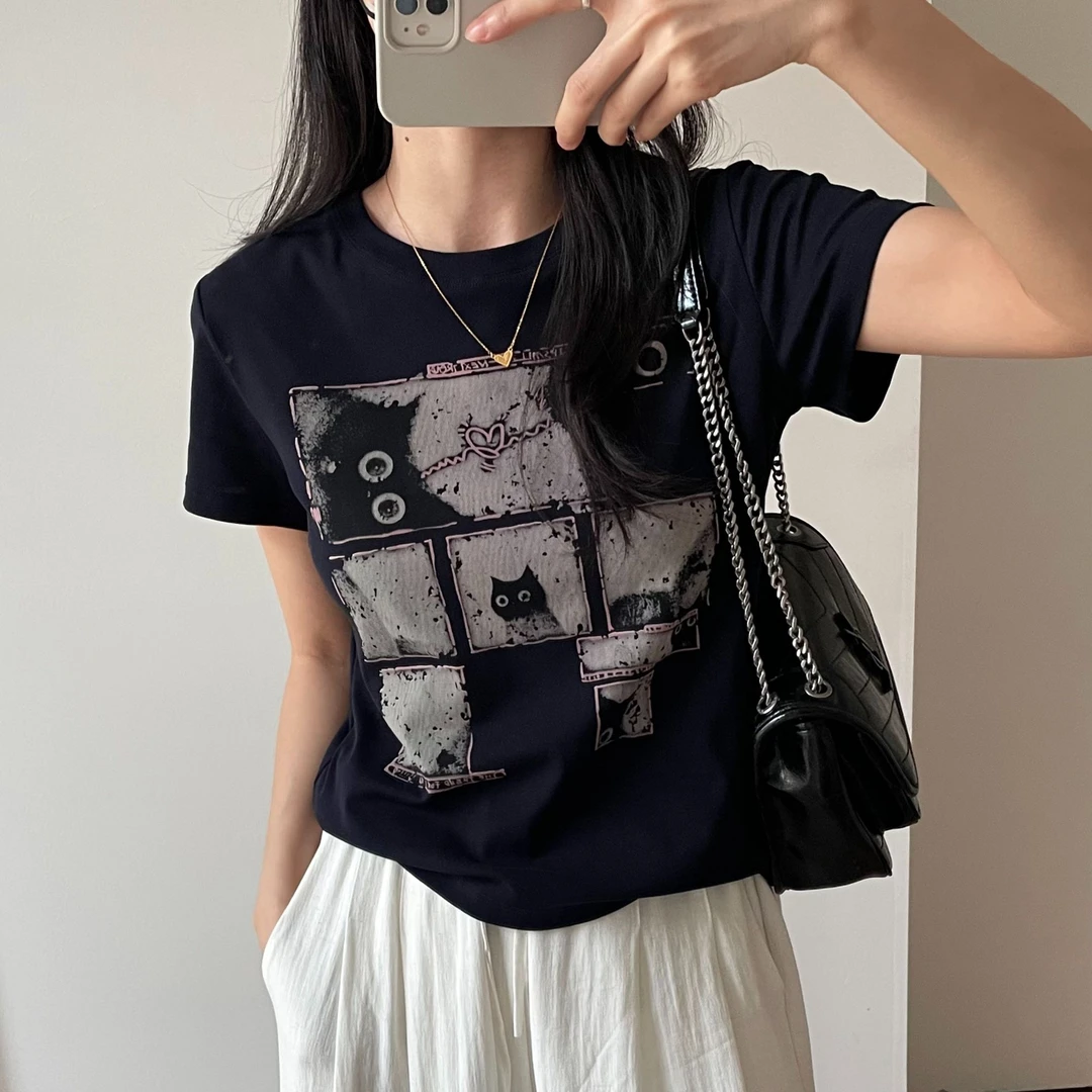 「抽象猫咪T」数码拔染无感印花 赛罗棉正肩显瘦短袖 夏季韩版T146